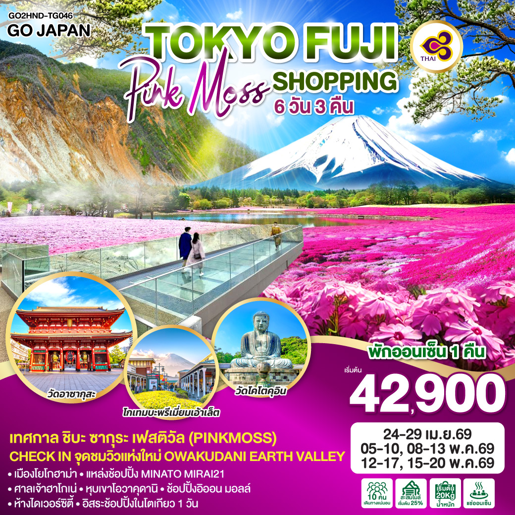 ทัวร์ญี่ปุ่น TOKYO FUJI PINKMOSS SHOPPING 6วัน 3คืน (TG)
